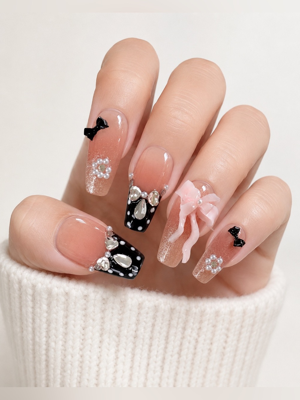Pink Black Bow Pearl Press On Nails